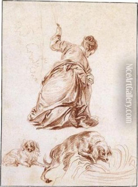 A Kneeling Woman, After Veronese, And Two Studies Of Dogs, One After Rubens Oil Painting - Watteau, Jean Antoine