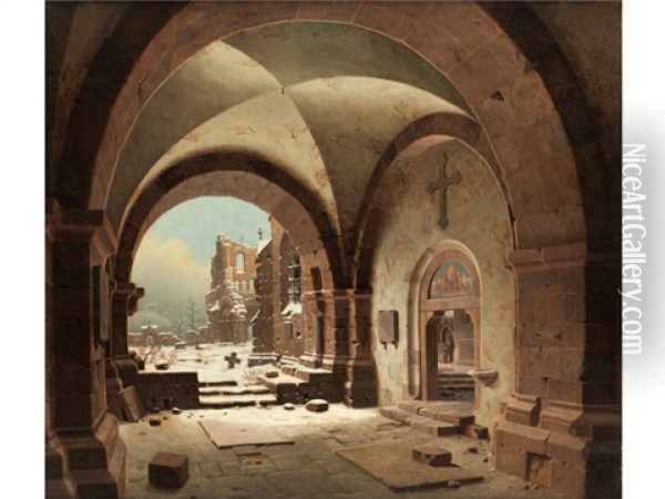 Blick Auf Die Kirchenruine Im Winter Oil Painting - Carl Georg Adolph Hasenpflug