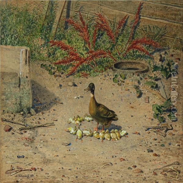 Mother Duck With Her Ducklings Oil Painting - Johann Adolf Kittendorff