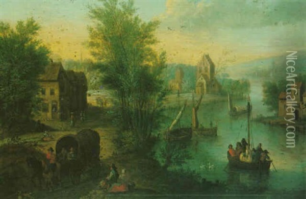 River Landscape With Travellers On A Path, Others Boating Beyond Oil Painting - Joseph van Bredael