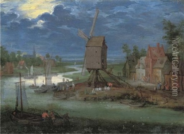 A River Landscape With Peasants By A Landing-stage And A Windmill Oil Painting - Peter Gysels