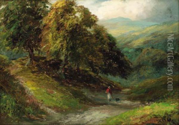 A Figure On A Wooded Valley Path Oil Painting - George Turner