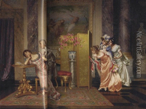 The Eager Suitor With An Audience Oil Painting - Vittorio Reggianini