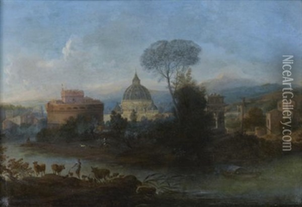 Vue De Rome Avec Le Chateau Saint Ange Et La Basilique Saint Pierre Oil Painting - Hendrick Frans van Lint