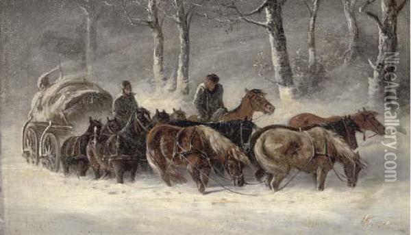 A Horse And Cart Team Struggling In The Snow Oil Painting - Andreev