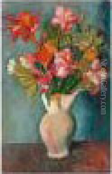 Vase Of Flowers Oil Painting - Bernard Meninsky