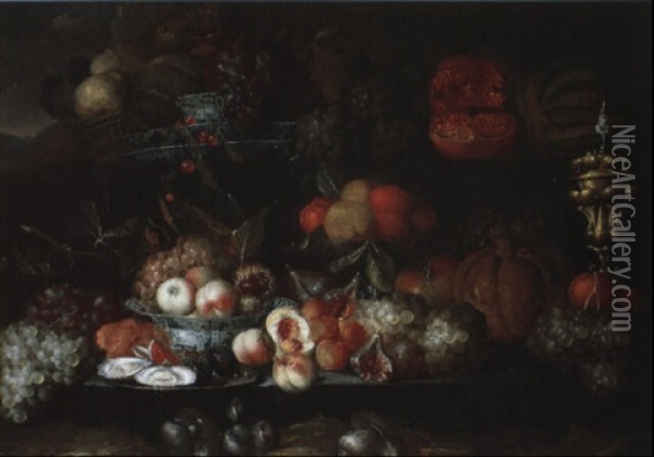 Nature Morte De Fruits, Hanap Et Pieces De Porcelaine Oil Painting - Jan Pauwel Gillemans The Elder