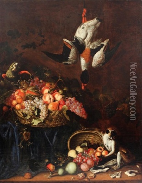 Nature Morte Aux Paniers De Fruits Animee D'un Singe Et D'un Perroquet Oil Painting - Frans van Cuyck