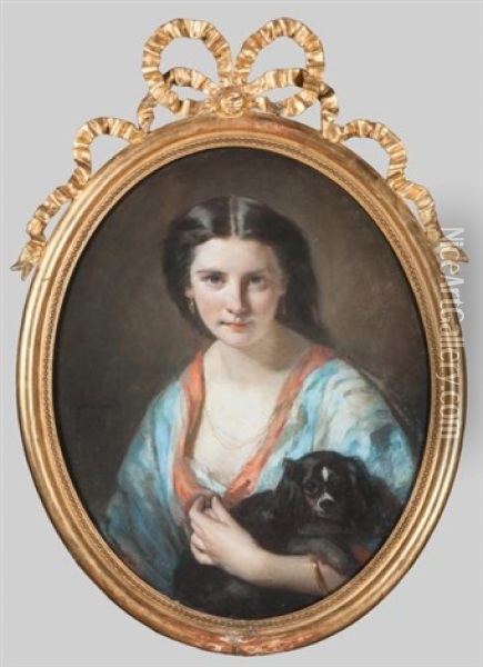 Jeune Femme Au Chien (cavalier King Charles) Oil Painting - Alphonse Louis Galbrund