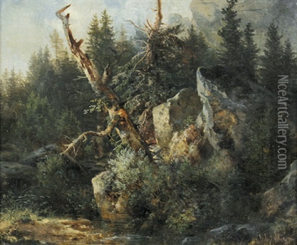 Felsige Landschaft Mit Jager Nahe Dem Bach Im Vordergrund Oil Painting - Bernhard Muehlig