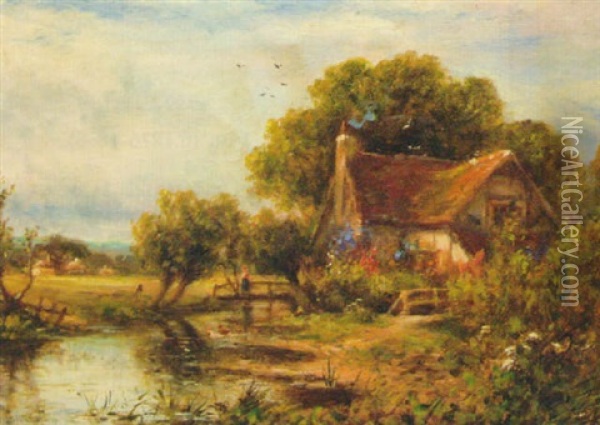 A Figure On A Bridge Before A Cottage, A Duckpond In The Foreground Oil Painting - Walter Wallor Caffyn