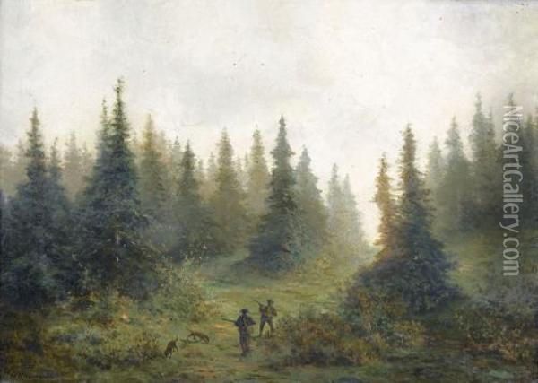 Zwei Jager Mit Hunden Bei Einem Tannenwald Oil Painting - Francois Louis Fritz De Niederhausern