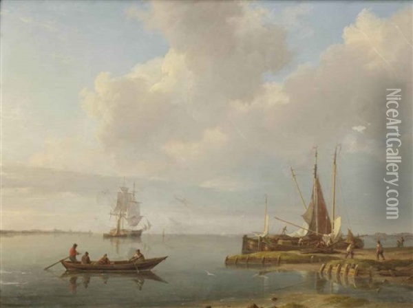 Fishermen And Fishing Boats On A Calm Estuary Oil Painting - Johannes Hermanus Koekkoek