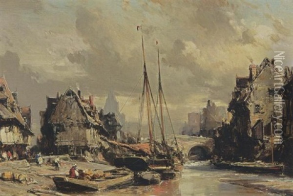 A Harbour Scene In A Town Oil Painting - Louis-Gabriel-Eugene Isabey