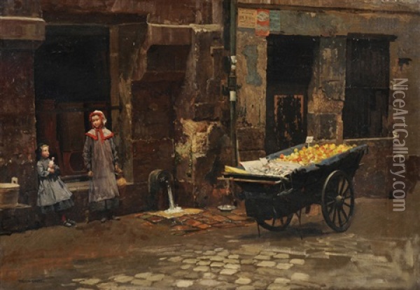 Strassenszene Mit Zwei Madchen Und Marktwagen Oil Painting - Marie Francois Firmin-Girard