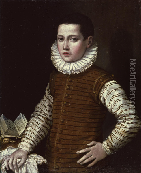 Portrait Of A Young Boy, Half Length, His Hand Resting On A Ledge Beside An Open Book Oil Painting - Gervasio Gatti