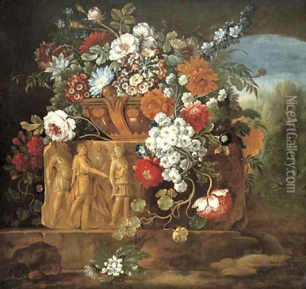 Roses, peonies, daisies and other flowers in a sculpted vase Oil Painting - Pieter Casteels III