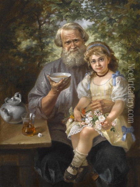 Drinking Tea With Grandfather Oil Painting - Alexey Ivanovich Trankovskii