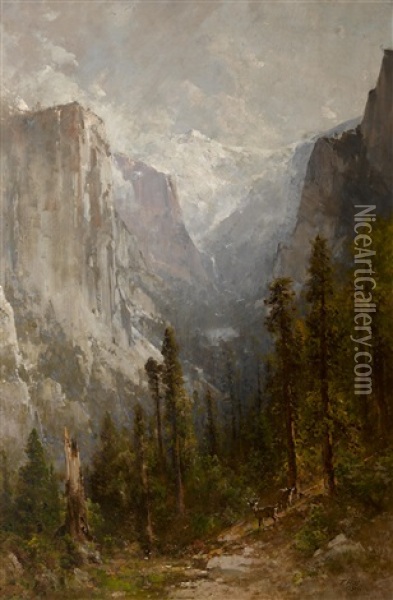 El Capitan With Clouds Rest Beyond, Yosemite Oil Painting - Thomas Hill