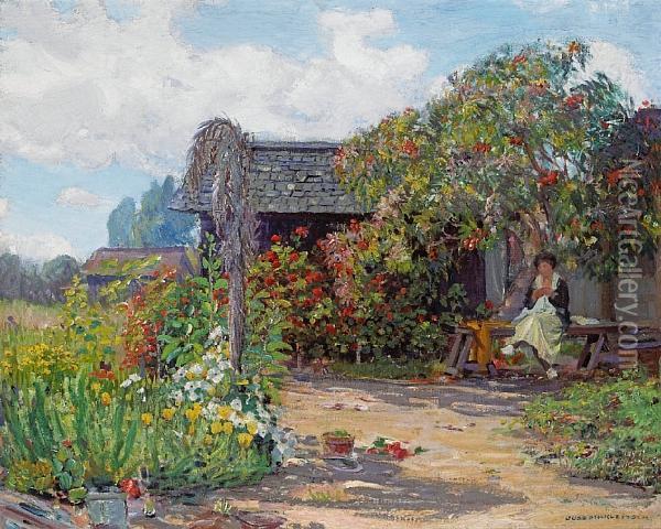 Woman In A Garden Sewing Oil Painting - Joseph A. Kleitsch
