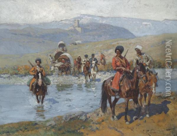 Crossing The River Oil Painting - Franz Roubaud