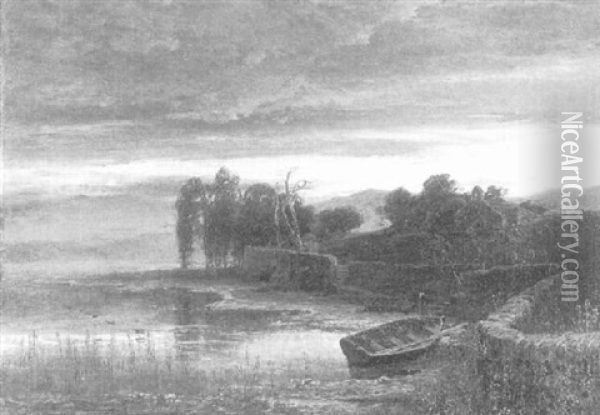 Kleines Boot In Der Abenddammerung Auf Einem See Oil Painting - Edwin John Ellis