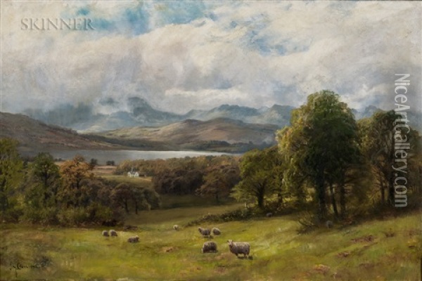 Valley Landscape With Sheep At Pasture Oil Painting - James Henry Crossland