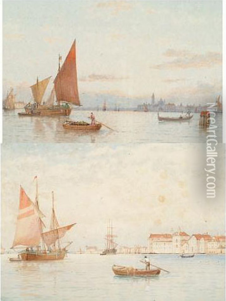 Venetian Lagoon With Fishing Boats And Gondolas,and Another Similar Oil Painting - George Stanfield Walters