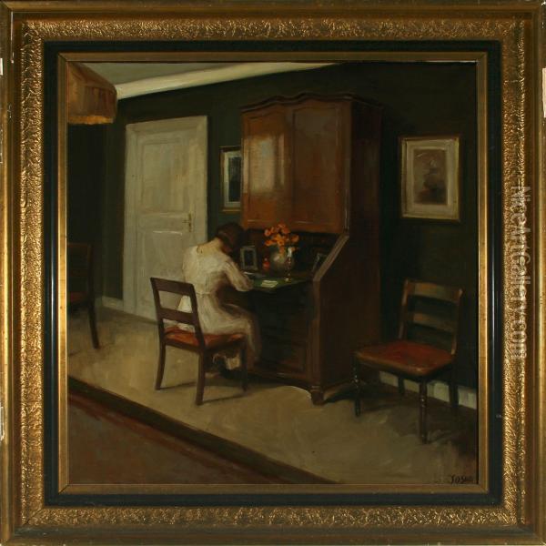 Interior With Woman At A Bureau Oil Painting - Soren Josua Christensen