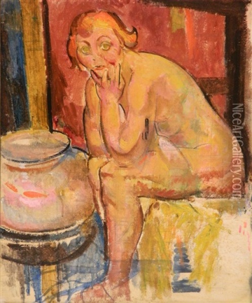 Seated Nude With Fishbowl Oil Painting - William Sommer