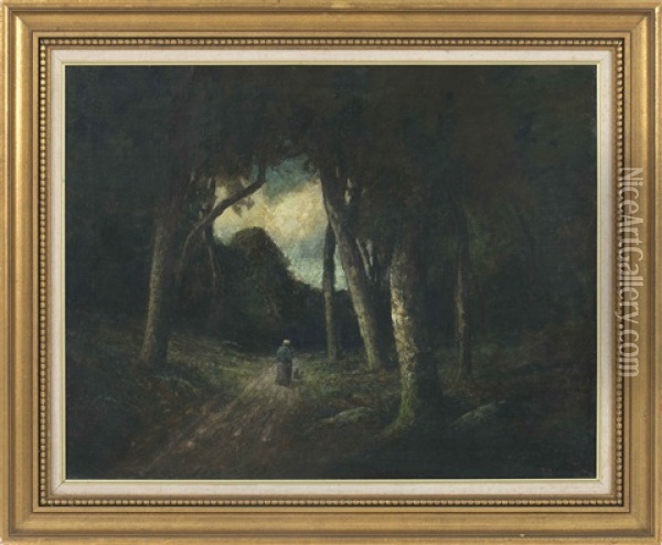 Figure Walking Down A Forest Path Oil Painting - George William Whitaker