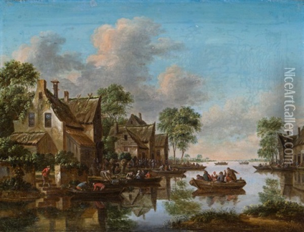 Dorf An Einem Fluss Mit Booten Oil Painting - Thomas Heeremans