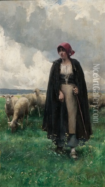 Shepherdess In A Landscape Oil Painting - Julien Dupre
