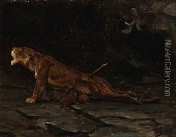 En Saaret Lovinde Med Unger (wounded Lioness With Cubs) Oil Painting - Valdemar Henrik Nicolaj Irminger