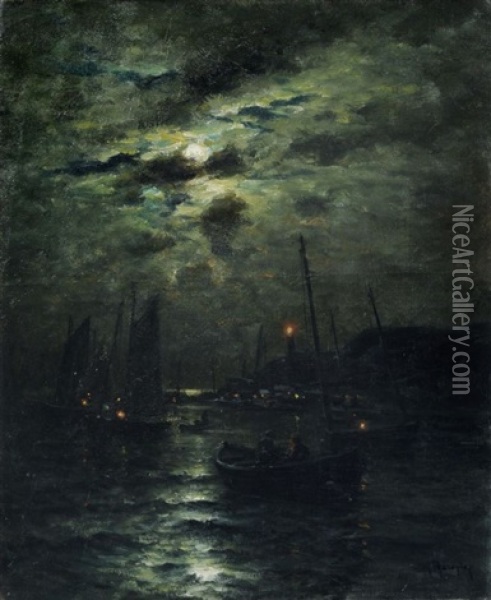 Mondschein In Einem Hafen An Der Nordfranzosischen Kuste Oil Painting - Georges Philibert Charles Maroniez