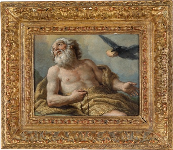 Der Heilige Paulus Eremita Mit Dem Raben, Der Ihm Das Brot Bringt (+ Der Heilige Hieronymus Als Busser Mit Einem Stein Vor Dem Kruzifix; 2 Works) Oil Painting - Paolo de Matteis