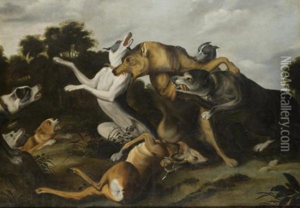 Scena Di Caccia Con Lupo Attaccato Da Cani Oil Painting - Abraham Hondius