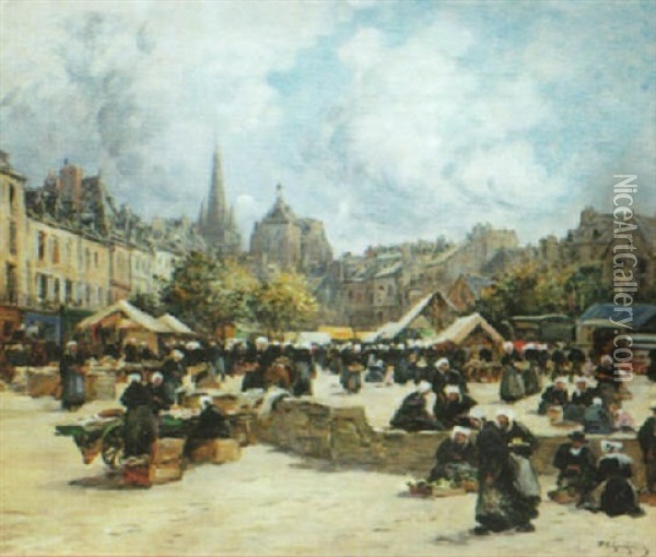 Place Du Marche En Bretagne A Guingamp Oil Painting - Fernand Marie Eugene Legout-Gerard