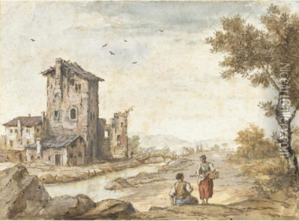 Edifici Rustici Vicino A Un Fiume E Figure Oil Painting - Giuseppe Zais