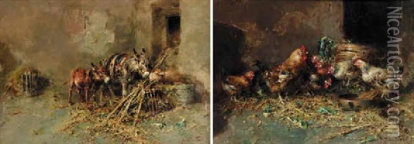 Cockrels And Hens In A Barn Oil Painting - Tito Pellicciotti