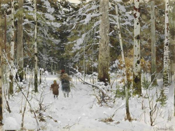Gathering Branches In Winter Oil Painting - Constantin Kryschitskij