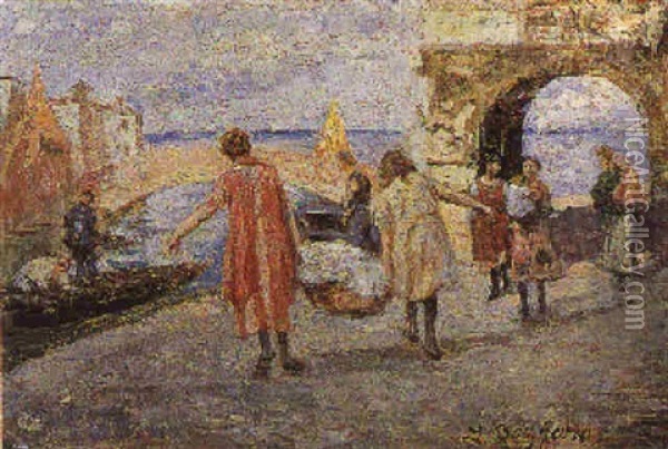 Lavandaie A Chioggia Oil Painting - Leonardo Bazzaro