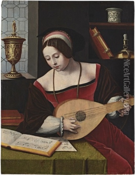 A Lady Playing A Lute In An Interior Oil Painting -  Master of the Female Half Lengths
