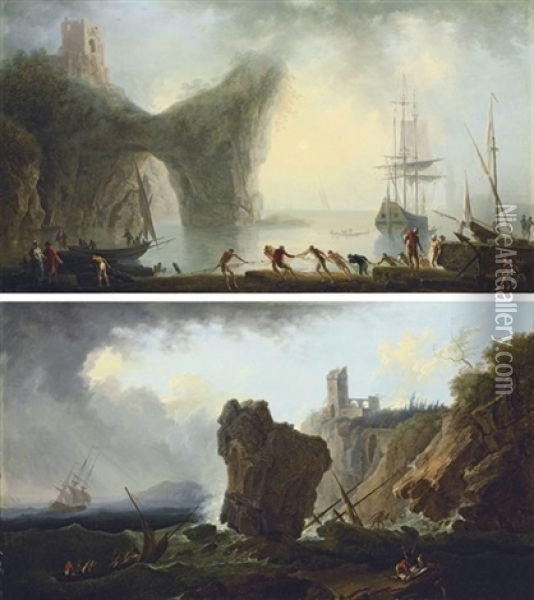 A Coastal Landscape (+ A Stormy Coastal Landscape; Pair) Oil Painting - Francesco Fidanza