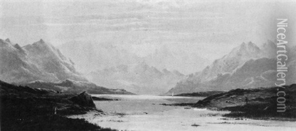View Of A Loch, Figures On Shoreline Oil Painting - Charles Leslie