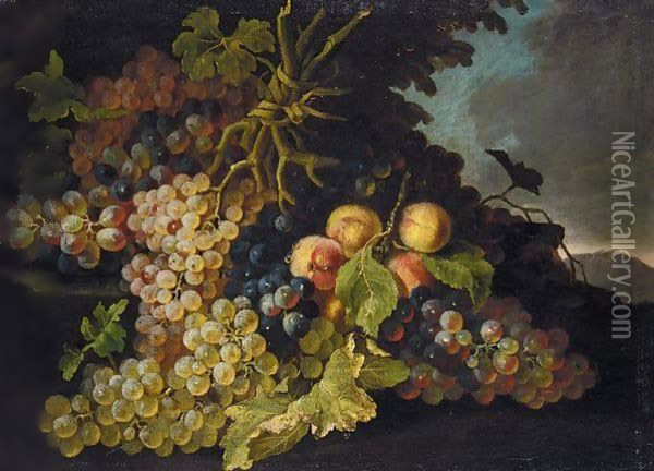 Still Life Of Grapes And Peaches In A Landscape Oil Painting - Pietro Navarra