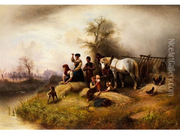 Bauernfamilie Bei Der Kornernte Beobachten Einen Zug Der Kavallerie Oil Painting - Wilhelm Alexander Meyerheim