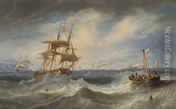 Congested Waters Between Hurst Castle And The Needles, With A Royal Navy Frigate Heaving-to To Take On The Pilot Oil Painting - John Wilson Carmichael