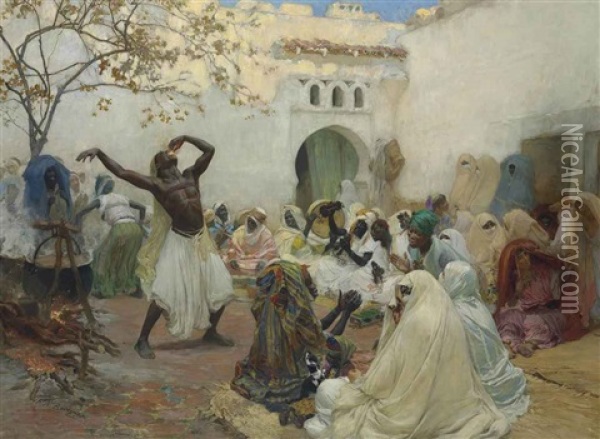 La Ceremonie Des Aissaoui A Blida En Algerie Oil Painting - Frederick Arthur Bridgman