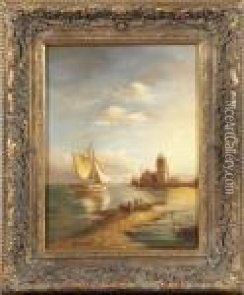 Seascape With View Of A Castle Oil Painting - William Raymond Dommersen